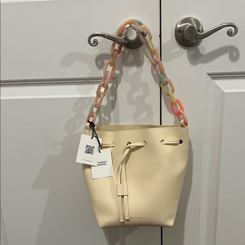 Mansur Gabriel Cream Bucket Bag with Colorful Chain